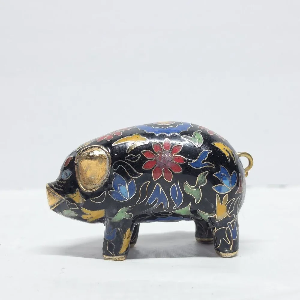 Vintage Cloisonne Pig Brass Enamel Figurine Floral Multicolor Traditional